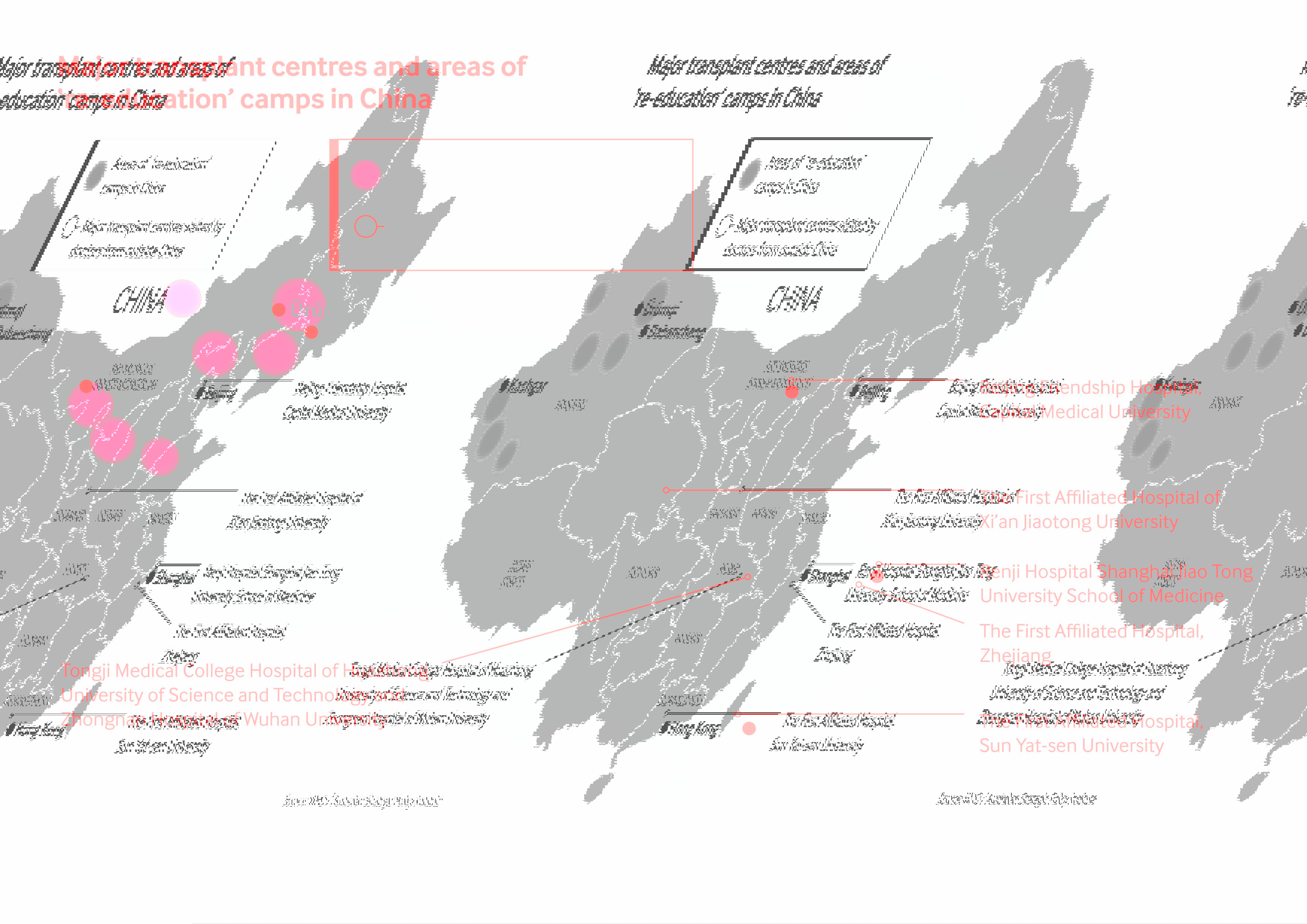 Map of China showing that the major transplants centres are in Beijing, Shanghai, Hong Kong, Xi'an and Tonji. The major areas of re-education are in the Eastern province of Xinjiang.