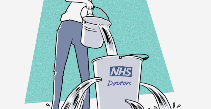 Illustration of a metaphor for staff shortages in the NHS: someone pouring water into a large bucket full of holes. The bucket is labelled NHS doctors.