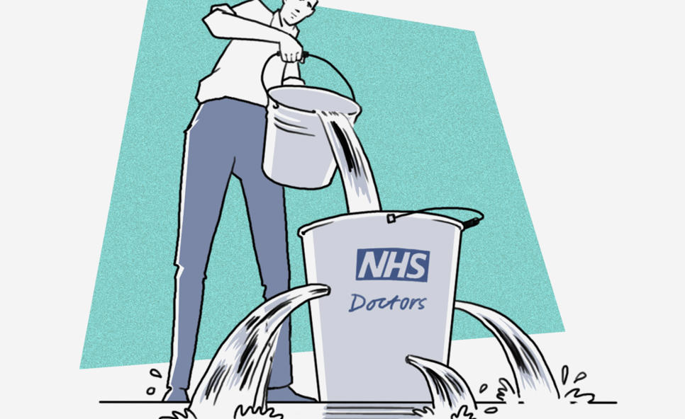 Illustration of a metaphor for staff shortages in the NHS: someone pouring water into a large bucket full of holes. The bucket is labelled NHS doctors.